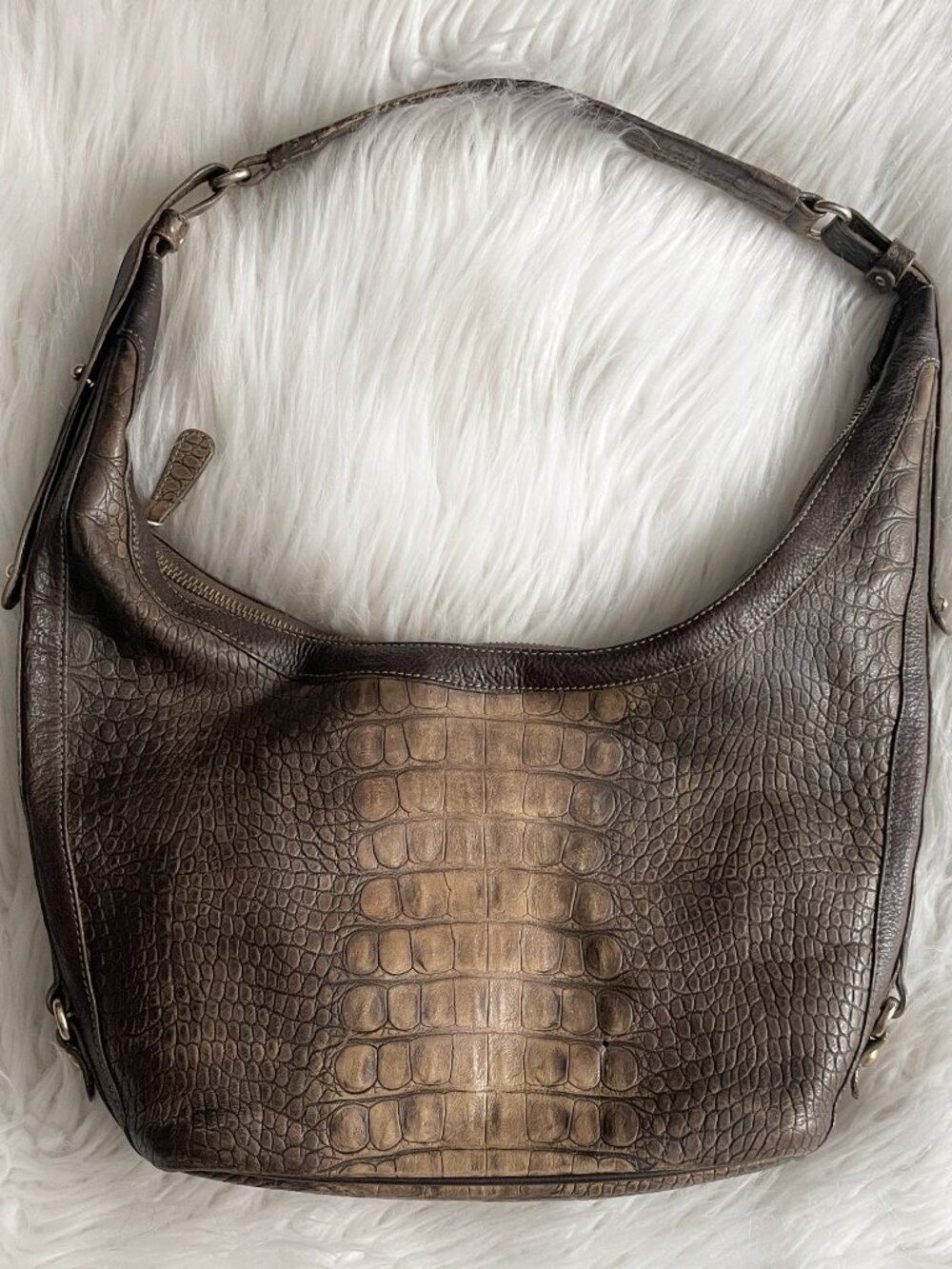 Brahmin brown and tan croc embossed leather hobo shoulder bag